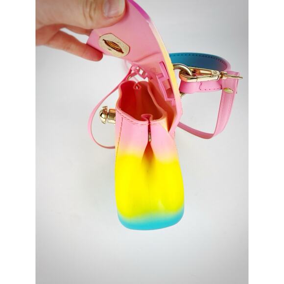Small Rainbow Jelly Crossbody Purse - Rubber Unicorn Gold Clasp Expandable - Picture 3 of 6